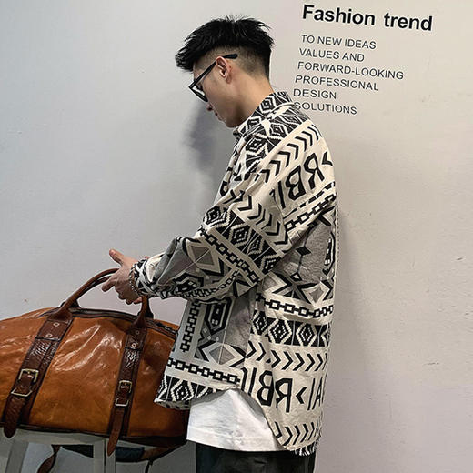 【新款DPX】大依优型大码满印衬衫长袖外套潮牌男装胖子翻领工装夹克宽松外套男 商品图1