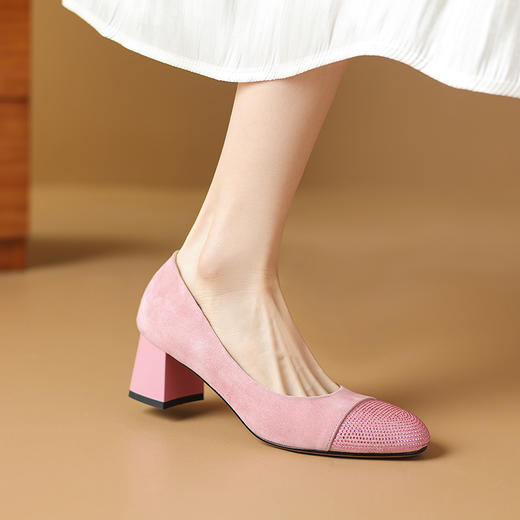 【预售5天】爆款糖果水钻里外全皮，圆头拼接粗跟单鞋DB-M5835 商品图5