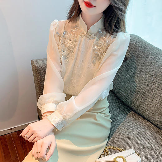 KQL-1361中国风复古盘扣立领雪纺衬衫女春装小众设计感上衣高级感重工小衫 商品图1