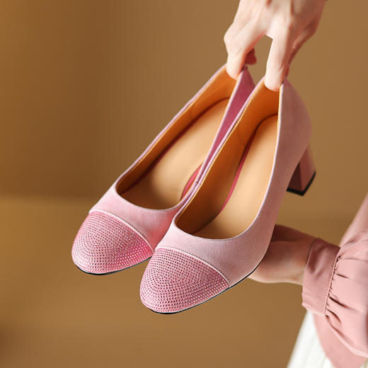 【预售5天】爆款糖果水钻里外全皮，圆头拼接粗跟单鞋DB-M5835 商品图3