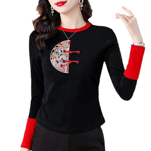 KQL-8003新中式国风刺绣长袖T恤复古盘扣气质撞色短款上衣 商品图4