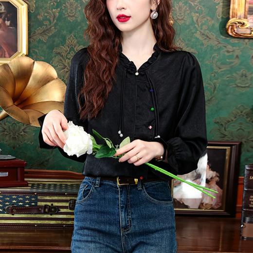 设计感气质盘扣，法式木耳边长袖国风衬衫KQL-355H8006 商品图2