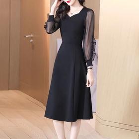 AHM-5302法式复古赫本风小黑裙春季新款时尚优雅气质修身显瘦连衣裙