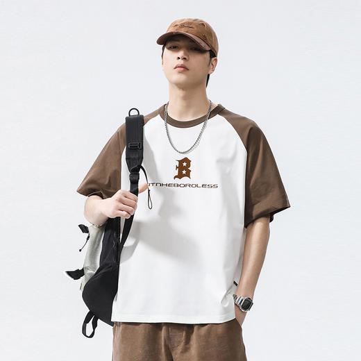 【新款DQ】大依优型大码短袖T恤圆领印花拼接插肩加肥加大男士大号弹力透气舒适半袖夏装潮款 商品图2