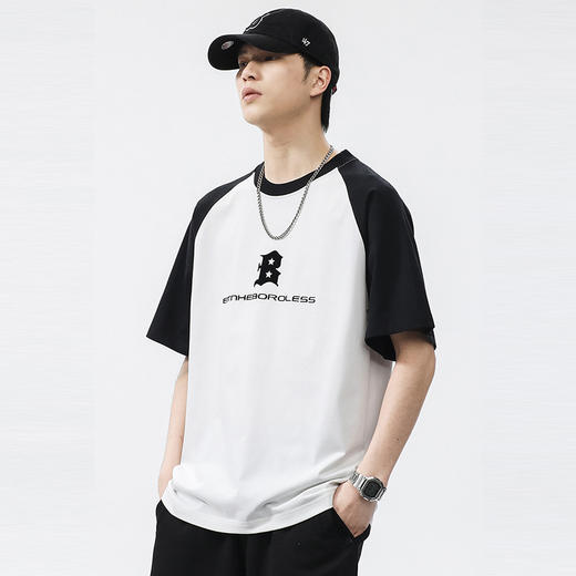 【新款DQ】大依优型大码短袖T恤圆领印花拼接插肩加肥加大男士大号弹力透气舒适半袖夏装潮款 商品图1