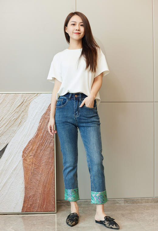 中式提花翻边牛仔裤 商品图0