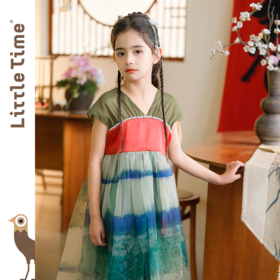 littletime女童绿色中国风渐变汉服短袖连衣裙宝宝女孩夏季连衣裙