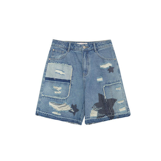 谜底牛仔短裤女2024年夏新品复古时尚贴布绣破洞直筒裤242MK0543 商品图4