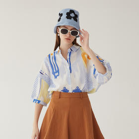 谜底棉麻衬衣2024夏季新款复古抽象印花宽松衬衫分袖女246MC7013