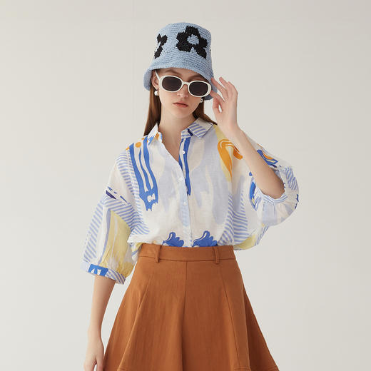 谜底棉麻衬衣2024夏季新款复古抽象印花宽松衬衫分袖女246MC7013 商品图0