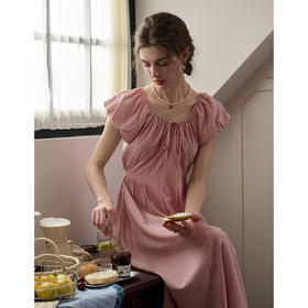 SimpleRetro郁金香遐想 系带抽褶粉色法式连衣裙女夏收腰茶歇裙子