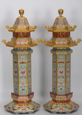 清乾隆，珐琅彩景泰蓝描金雕刻塔香薰