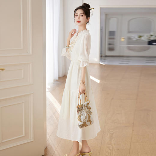 复古改良木耳边领，刺绣泡泡袖长款连衣裙HR-QIXFS2403L 商品图1