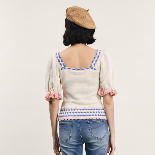 谜底短袖修身针织衫女2024年夏新品复古文艺方型领上衣242MZ0883 商品图2