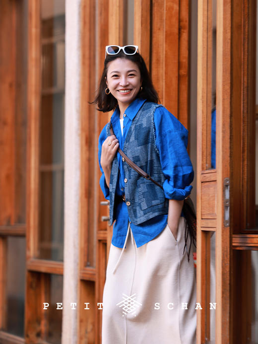 PETIT SCHAN小闪 CLO#455 rice fragrant 稻香 棉感拼接牛仔文艺马甲 商品图0