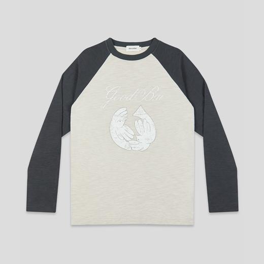 GOODBAI 环形白鸽做旧印花撞色插肩长袖T恤 商品图3