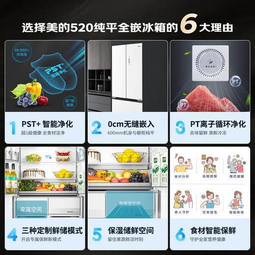 美的（Midea）冰箱520升法式四门60cm薄纯平全嵌超净科技除菌保鲜智能家用大冰箱线下同款BCD-520WUFGPZM凝光白 商品图1