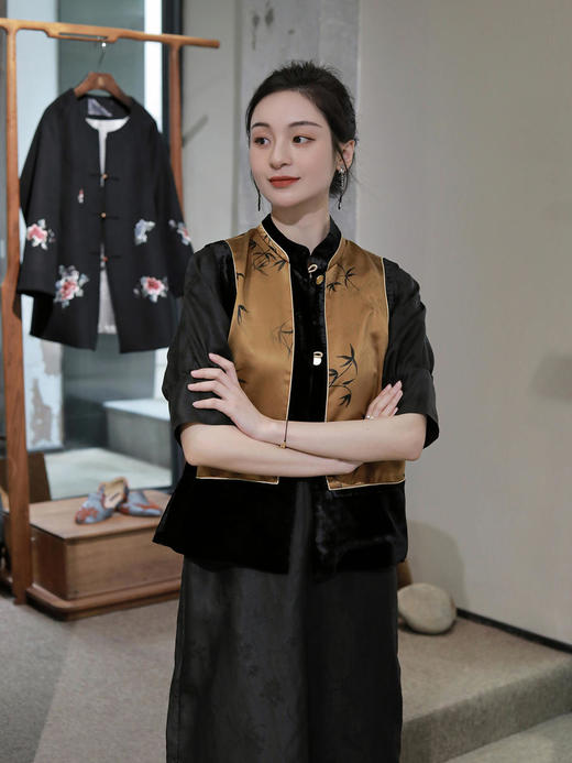 盛唐牡丹 |皮子重缎香云纱配黑丝绒马甲 商品图5