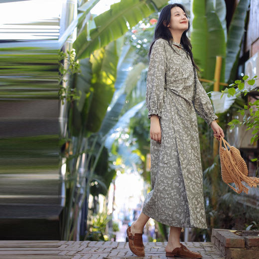 绽放130朵/新中式连衣裙干洗亚麻棉提花牧游风裹穿系带浅灰色裙子 商品图2