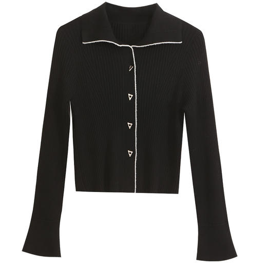 玳莎翻领羊毛针织开衫女2024年新款修身时尚黑色显瘦上衣毛衣  EA33303 商品图4