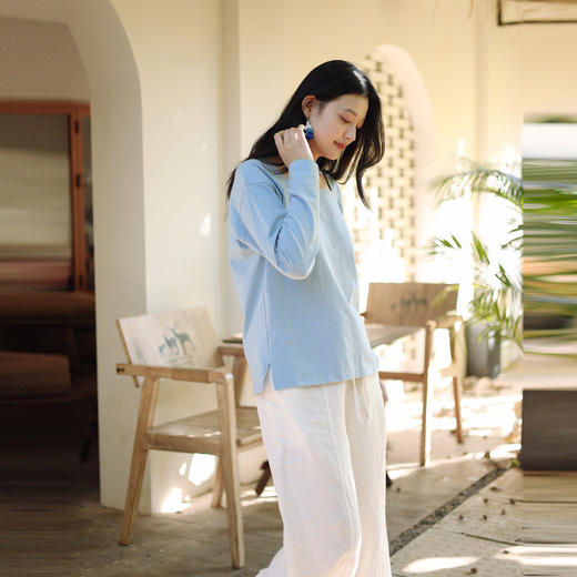 绽放142朵/天蓝色木棉亲肤舒适一字领刺绣小马设计感宽松文艺T恤 商品图1