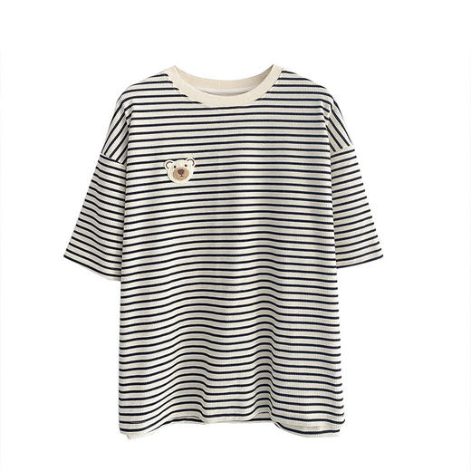 夏秋【学院风绣花棉质短袖】条纹衫韩版圆领短袖 宽松T恤冬季内搭 商品图4