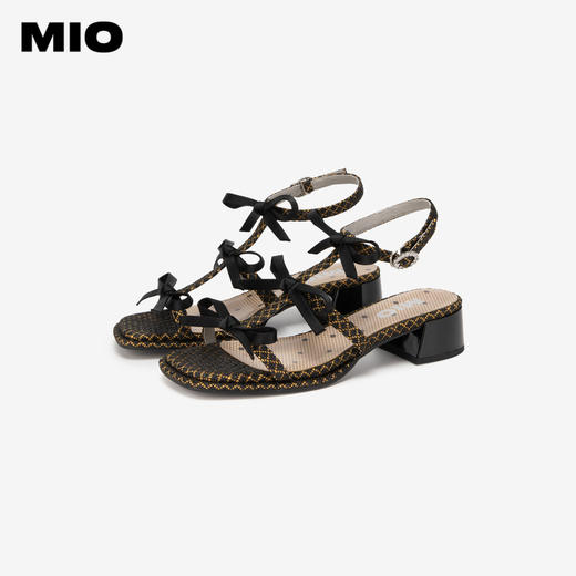 MIO米奥夏季拼色方头时装凉鞋蝴蝶结中跟时尚个性凉鞋女鞋M243141605 商品图3