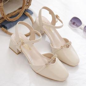 2025年【夏季新款 水钻包头凉鞋女】时尚外穿 粗跟中跟 一字扣带