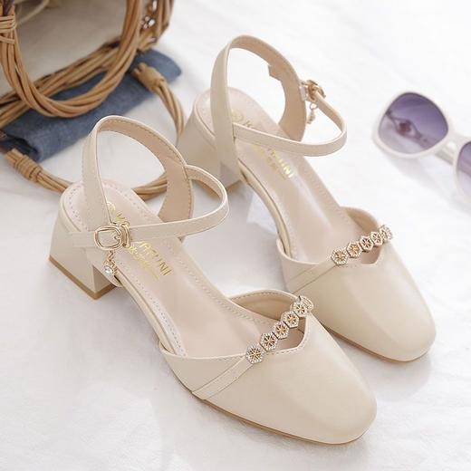 2025年【夏季新款 水钻包头凉鞋女】时尚外穿 粗跟中跟 一字扣带 商品图0