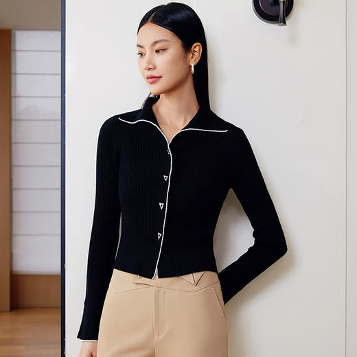 玳莎翻领羊毛针织开衫女2024年新款修身时尚黑色显瘦上衣毛衣  EA33303 商品图0