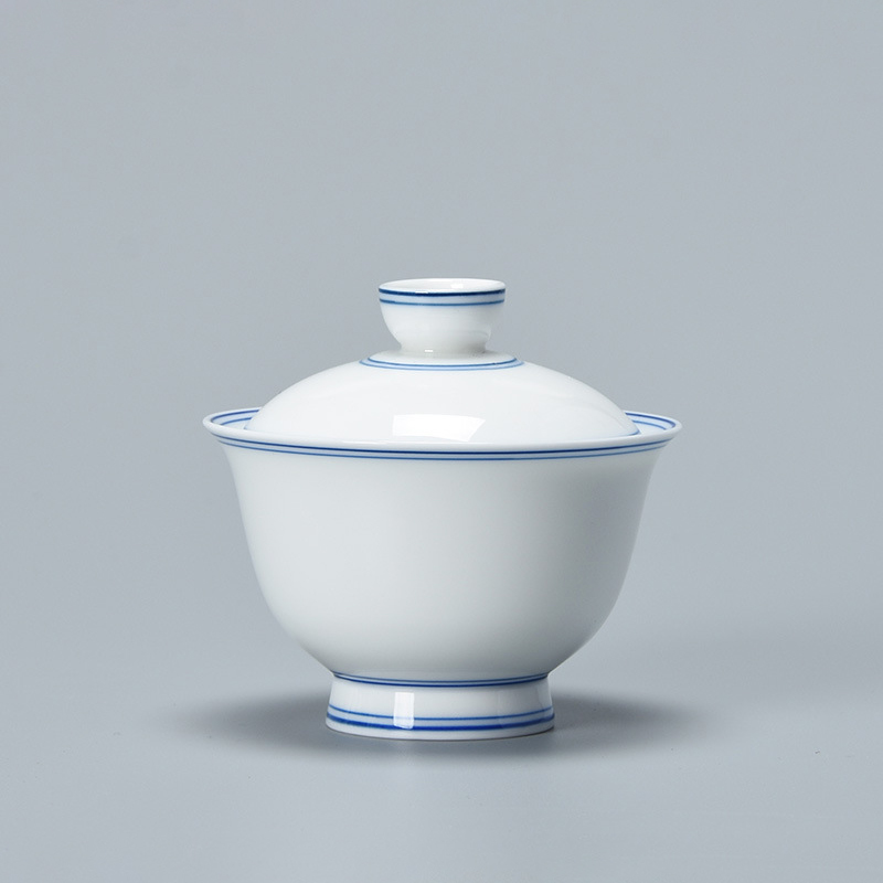 清宫盖碗白瓷二才盖碗 单个大号敬泡茶杯景德镇手绘青花功夫茶具茶碗壶承