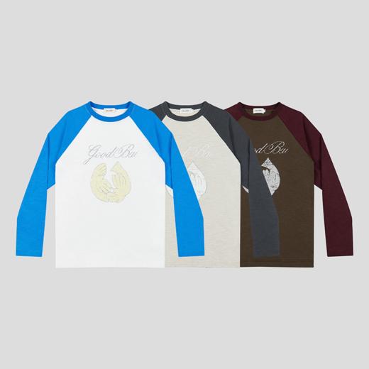 GOODBAI 环形白鸽做旧印花撞色插肩长袖T恤 商品图1