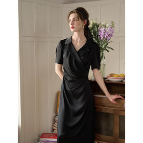 SimpleRetro奥拉小姐 气质西装领黑色连衣裙女夏显瘦法式小黑裙子