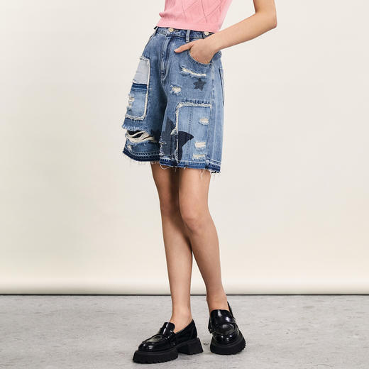 谜底牛仔短裤女2024年夏新品复古时尚贴布绣破洞直筒裤242MK0543 商品图1