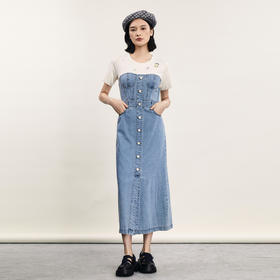 谜底拼接牛仔长裙2024年夏款时尚休闲钉珠绣连衣裙短袖242ML0559
