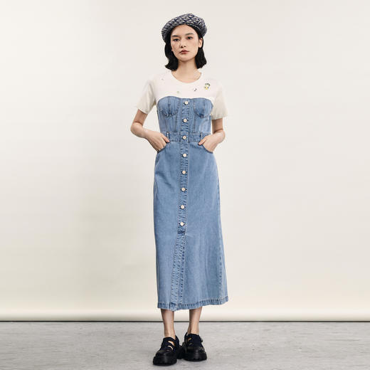 谜底拼接牛仔长裙2024年夏款时尚休闲钉珠绣连衣裙短袖242ML0559 商品图0