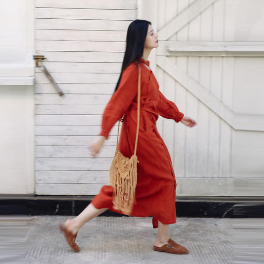 绽放130朵/新中式连衣裙干洗亚麻棉提花牧游风裹穿系带浅灰色裙子 商品图3