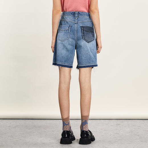 谜底牛仔短裤女2024年夏新品复古时尚贴布绣破洞直筒裤242MK0543 商品图2