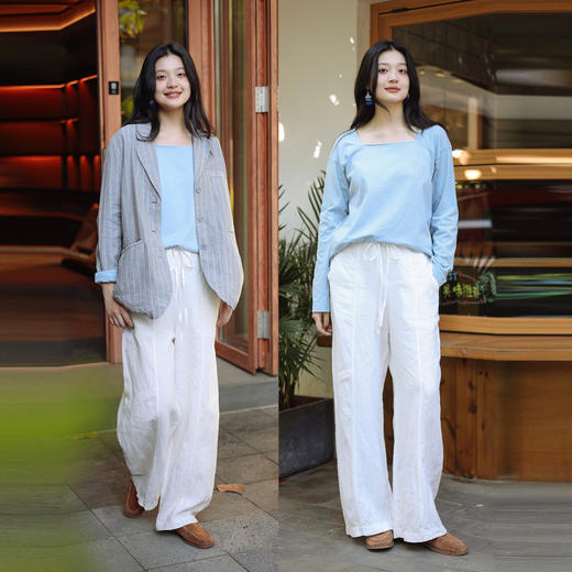 绽放142朵/天蓝色木棉亲肤舒适一字领刺绣小马设计感宽松文艺T恤 商品图3