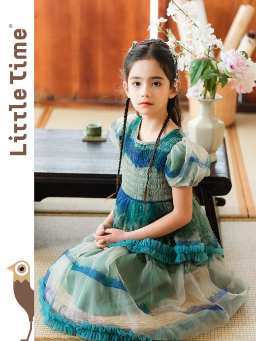 littletime女童绿色中国风网纱蓬蓬连衣裙2024夏季新款短袖公主裙 商品图2