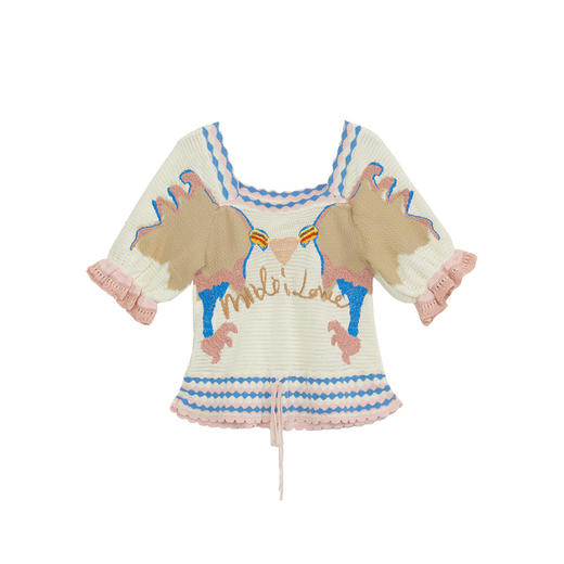 谜底短袖修身针织衫女2024年夏新品复古文艺方型领上衣242MZ0883 商品图4