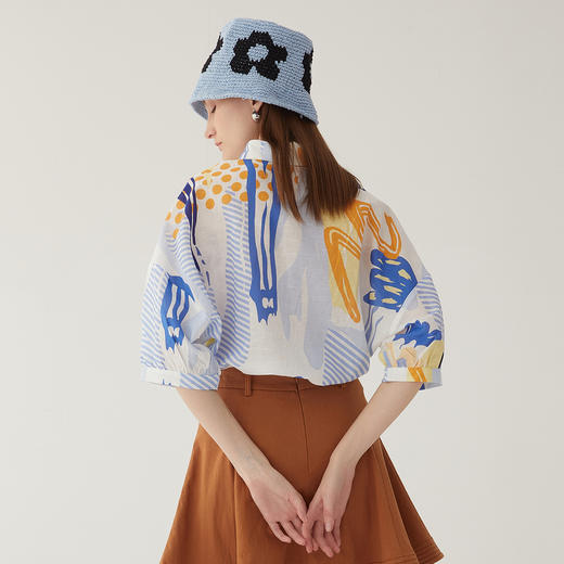 谜底棉麻衬衣2024夏季新款复古抽象印花宽松衬衫分袖女246MC7013 商品图2