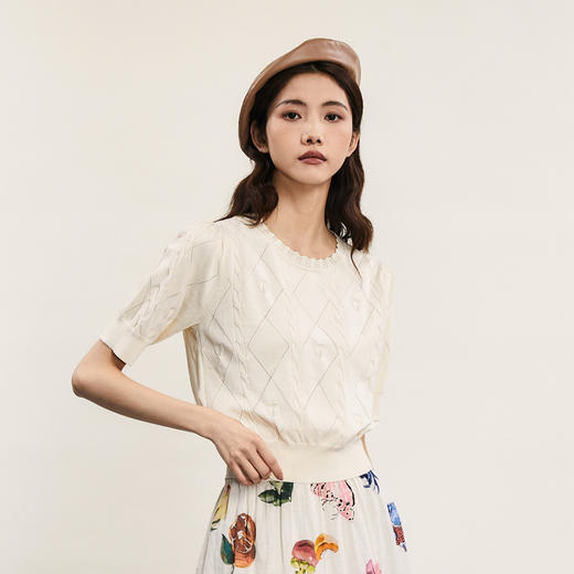 谜底套头针织衫短袖女2024年夏新品肌理感提花短款上衣242MZ0851 商品图1