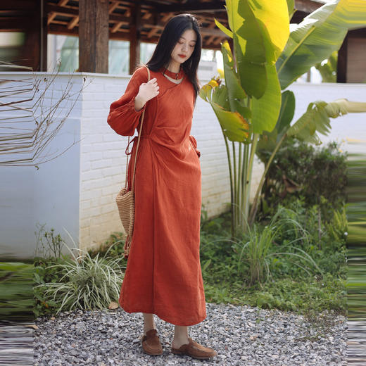 绽放130朵/新中式连衣裙干洗亚麻棉提花牧游风裹穿系带浅灰色裙子 商品图1