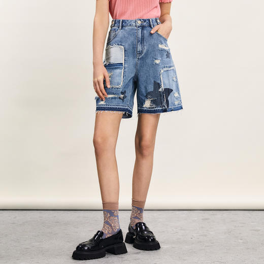 谜底牛仔短裤女2024年夏新品复古时尚贴布绣破洞直筒裤242MK0543 商品图0
