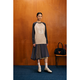 GOODBAI 环形白鸽做旧印花撞色插肩长袖T恤