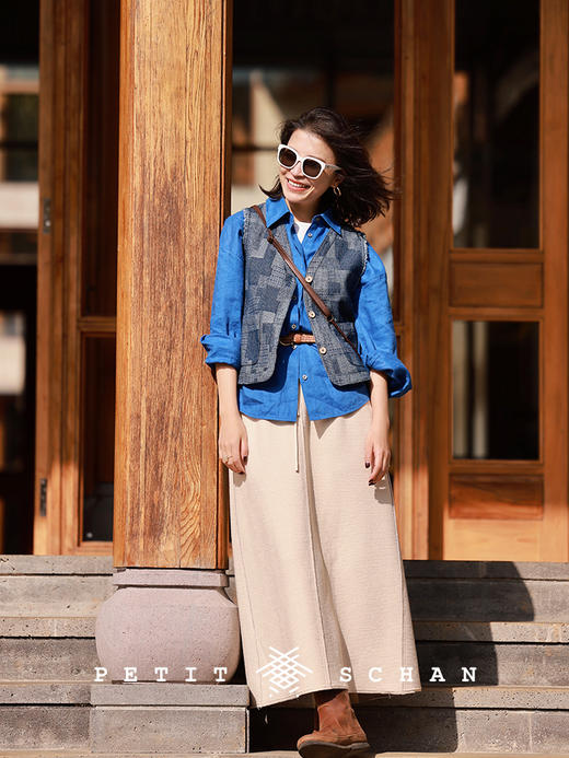 PETIT SCHAN小闪 CLO#455 rice fragrant 稻香 棉感拼接牛仔文艺马甲 商品图2