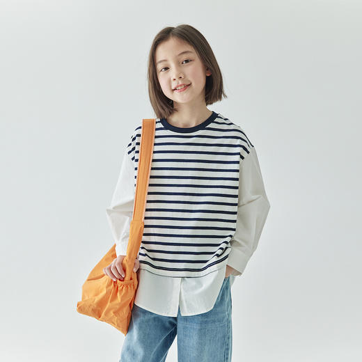 棵初2023儿童假两件条纹拼接衬衫男女童宽松落肩百搭休闲上衣 商品图3