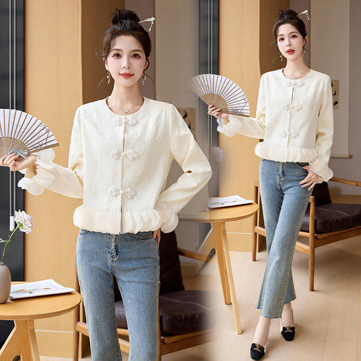 时髦立体裁剪花边，复古盘扣短外套HR-YQH2519 商品图5