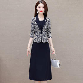 修身气质假两件，中长款印花拼接连衣裙QYM-CR-FY4605-L